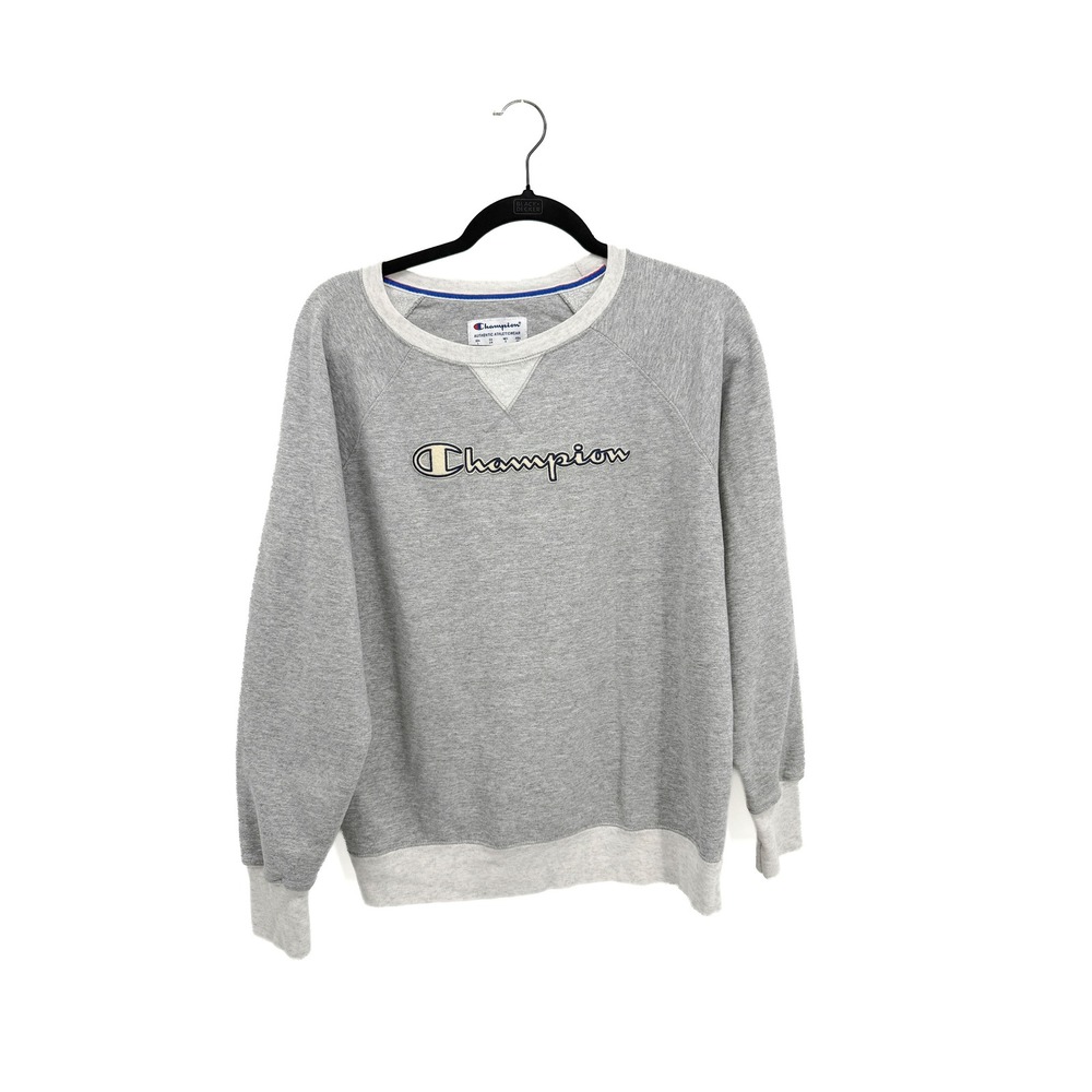Champion Sweatshirt Mens L Gray Script Logo Raglan Crewneck Fleece Pullover